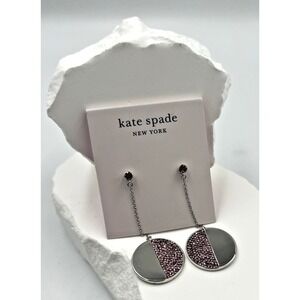 Kate Spade Mod Scallop Pave' Linear Earrings Silver Tone Pink Crystal Spade Back